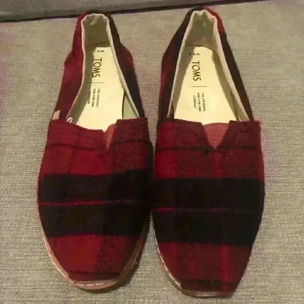 TOMS Alpargata Red Black Buffalo Plaid‎ Flannel Slip On Shoes Womens 6.5